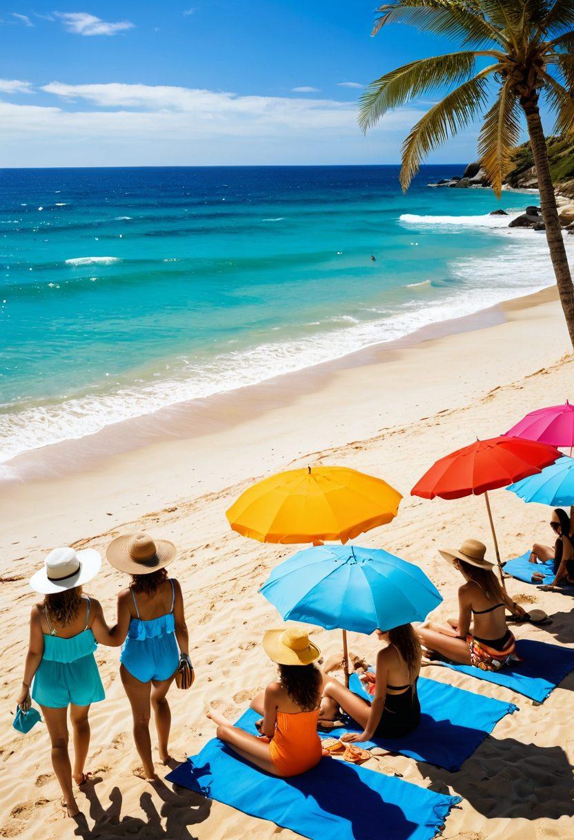 A stylish beach scene featuring a diverse group of individuals showcasing chic beach outfits and accessories. Include vibrant sun hats, sunglasses, colorful swimsuits, and elegant cover-ups, all set against a backdrop of golden sand and azure waves. Add elements like beach umbrellas and towels to create a lively atmosphere. The scene should feel warm, inviting, and full of summer vibrance. super-realistic. vibrant colors. bright blue sky.